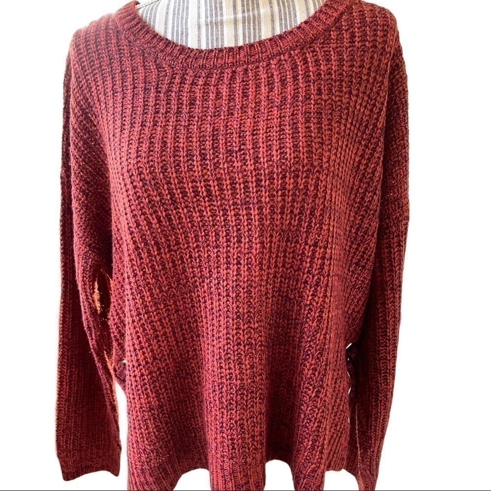 IT’S our time, rust colored sweater, size XL, large grommet and lace up details
